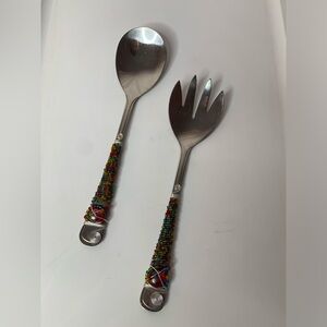 beaded serving fork and spoon, multicolored beads wire accents